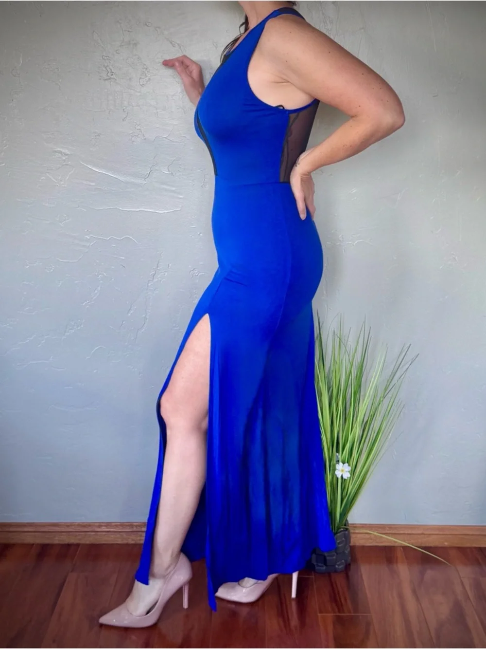 Forever 21 Royal Blue Maxi Dress w/Sheer Mesh Plunge, Side Slits, & Sheer Back - Picture 2 of 7